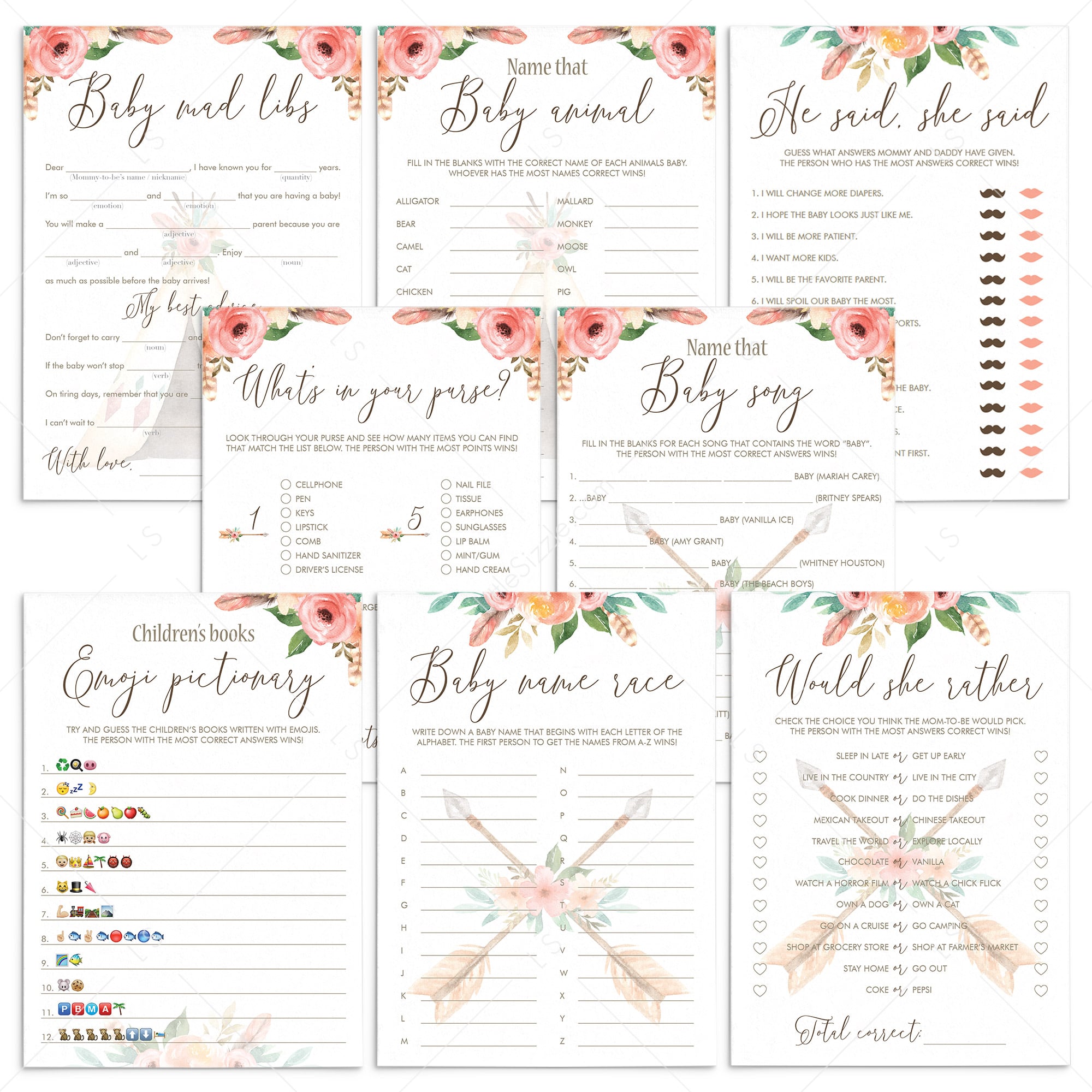 Floral Baby Games Bundle Printable Pink and Green by LittleSizzle