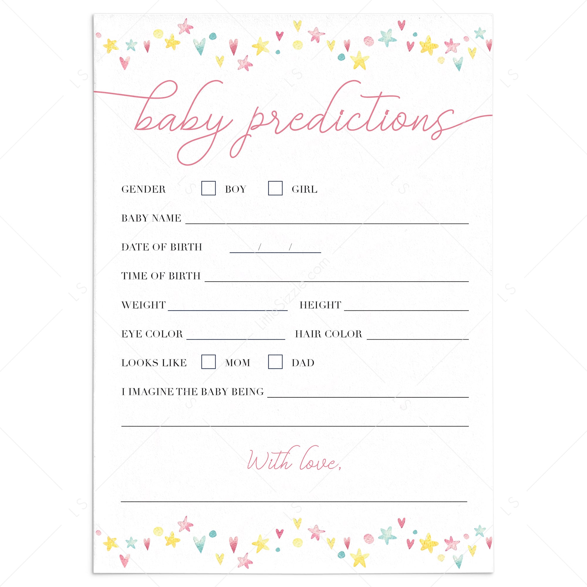 Yellow pink shower baby predictions printable by LittleSizzle