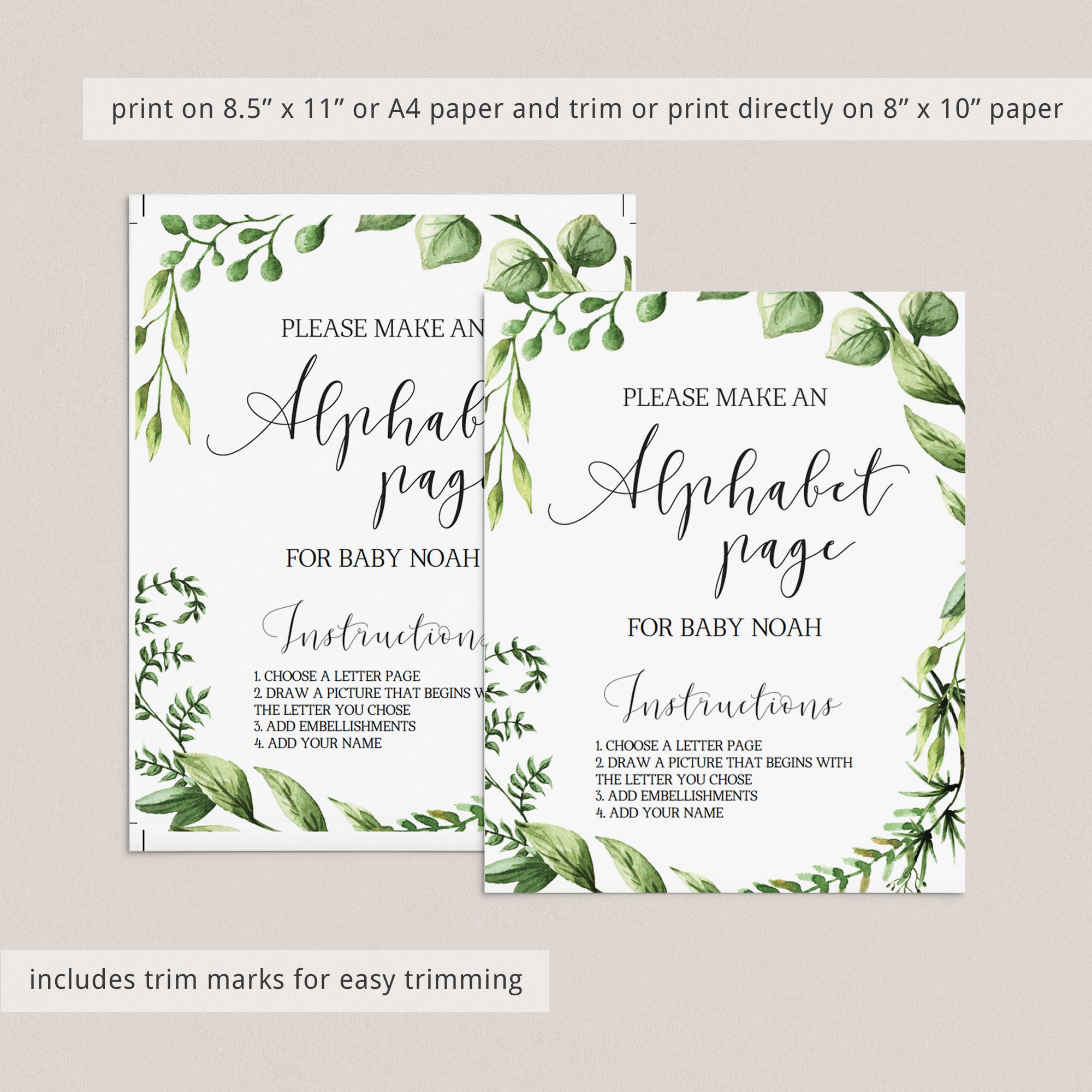 Please make an ABC page for baby shower game instant download green leaves by LittleSizzle