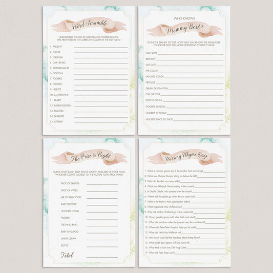 Watercolor Baby Shower Games Package of 4 Printables by LittleSizzle