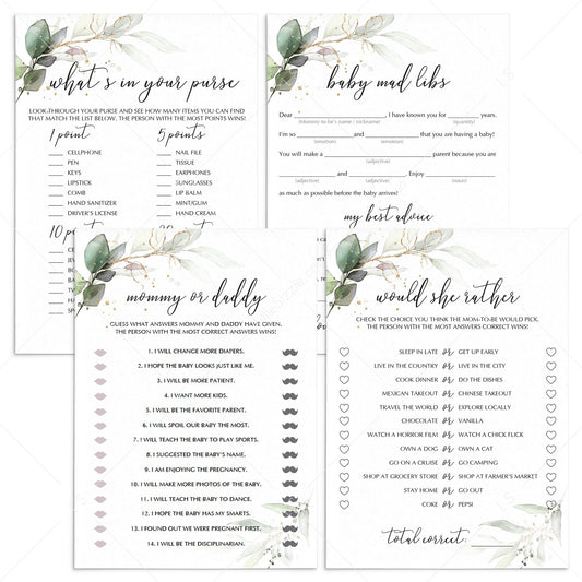 Baby Shower Games with Watercolor Greenery and Gold Foil Printable by LittleSizzle