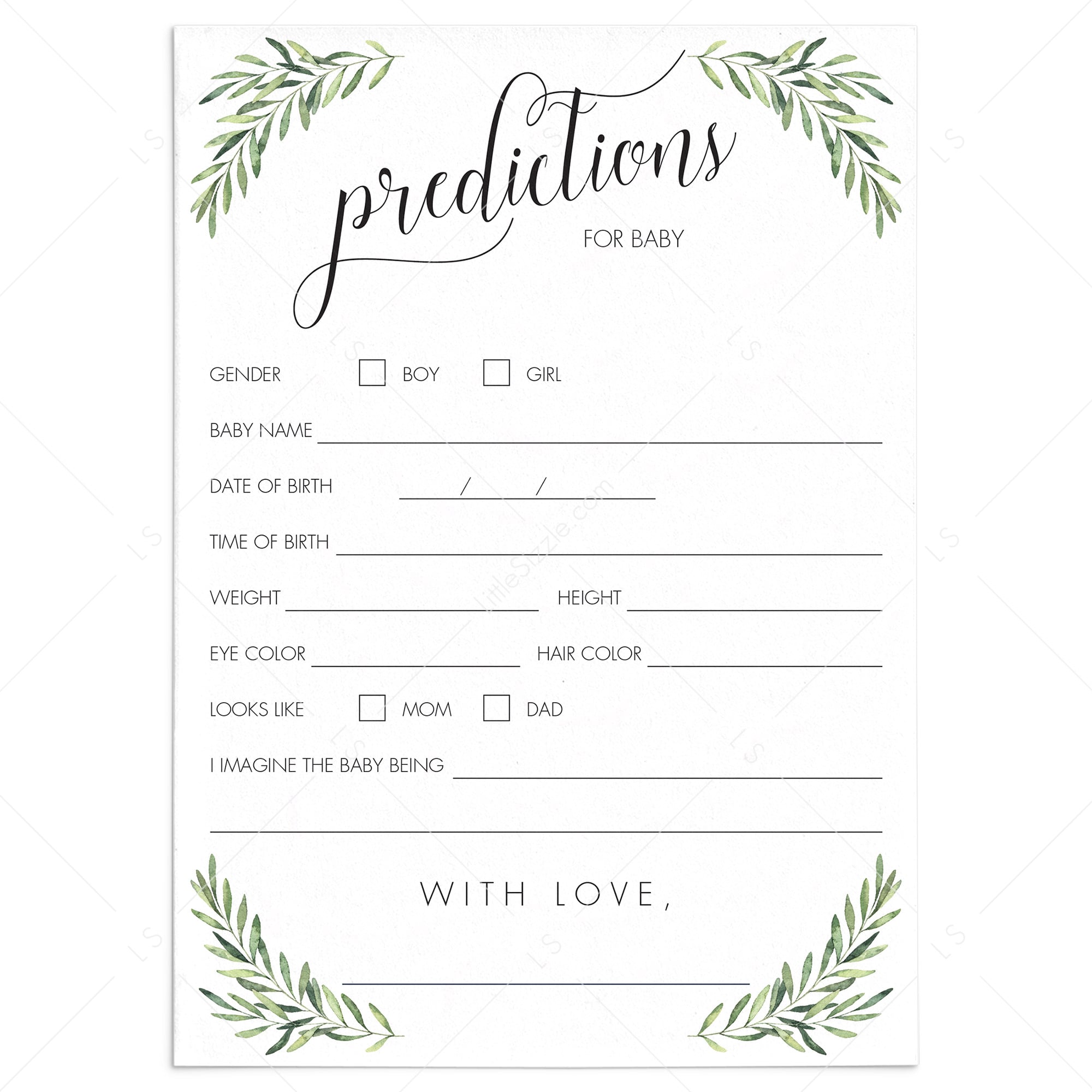 Predictions for Baby Gender Reveal Game Instant Download by LittleSizzle