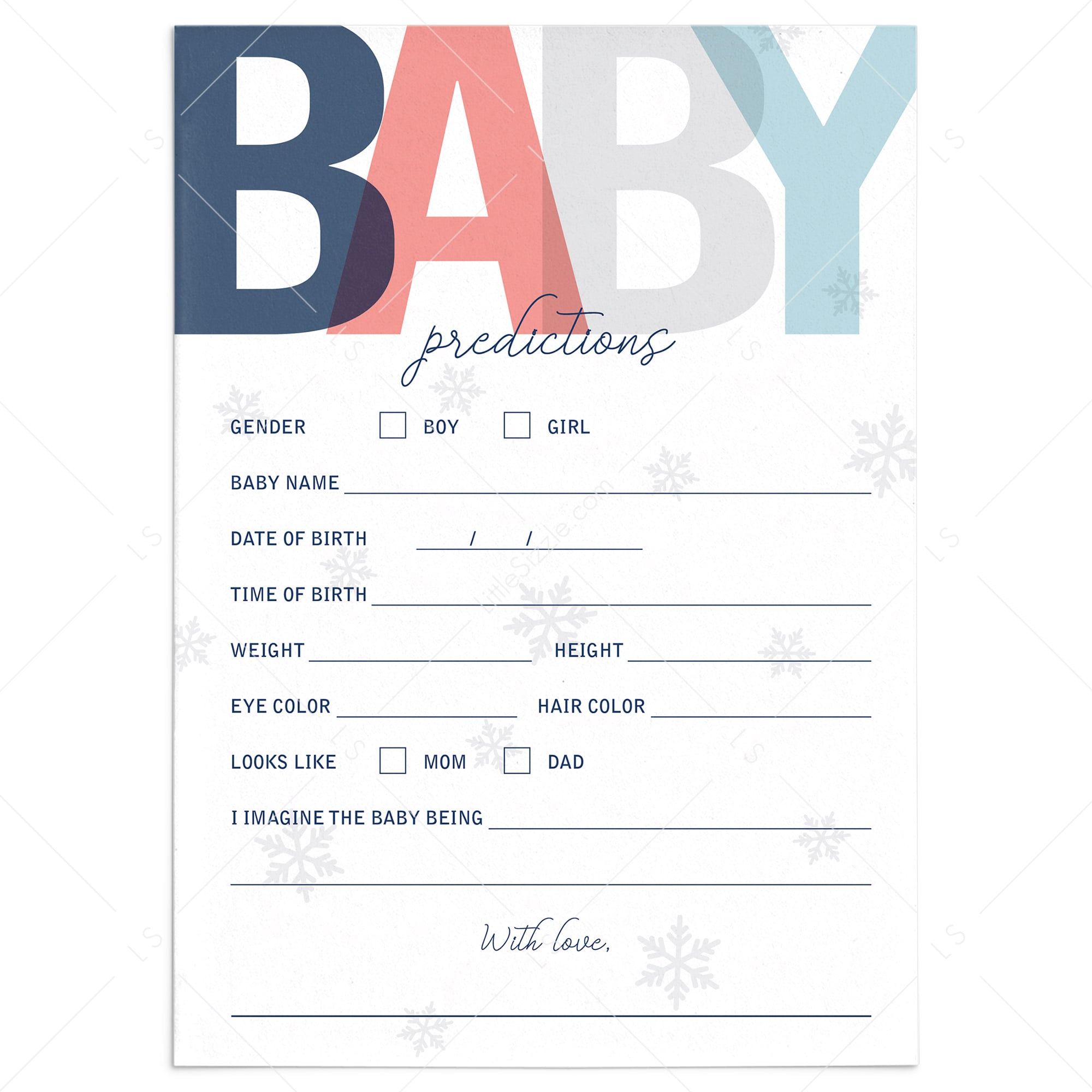 Winter baby shower activity predictions game printable by LittleSizzle
