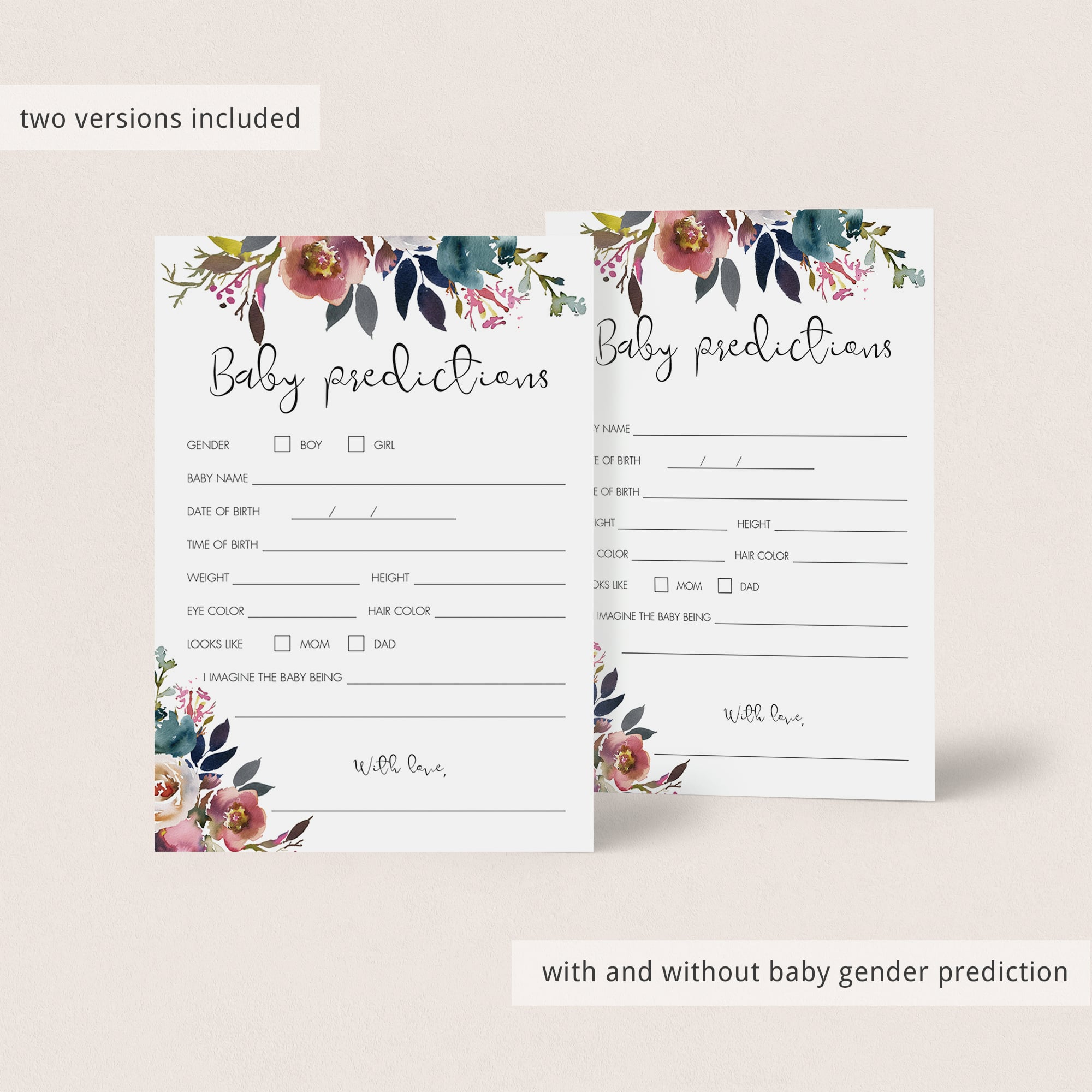 Baby shower predictions card printable with flowers by LittleSizzle
