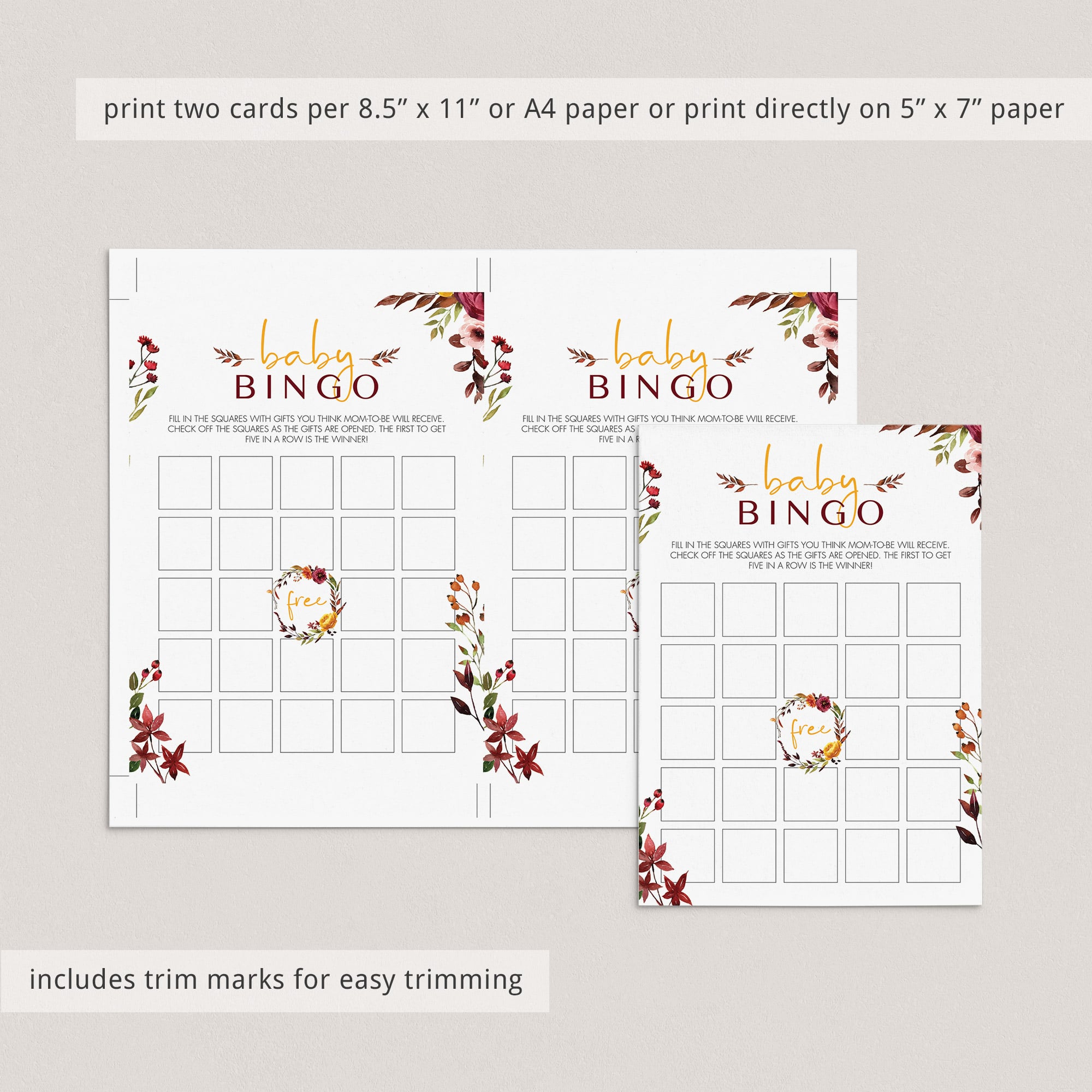 Bohemian baby shower bingo prefilled, blank cards and editable template by LittleSizzle