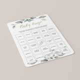 Gold And Greenery Baby Shower Bingo Cards Prefilled
