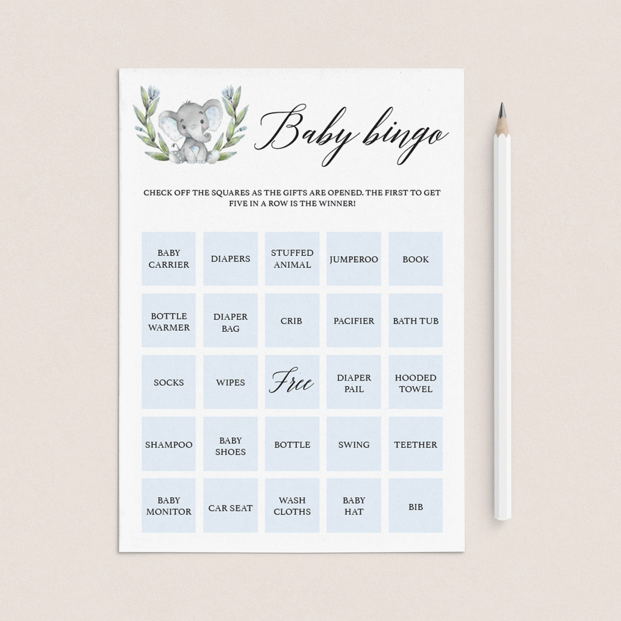 Blue Elephant Baby Bingo printable by LittleSizzle
