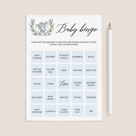 Blue Elephant Baby Bingo printable by LittleSizzle
