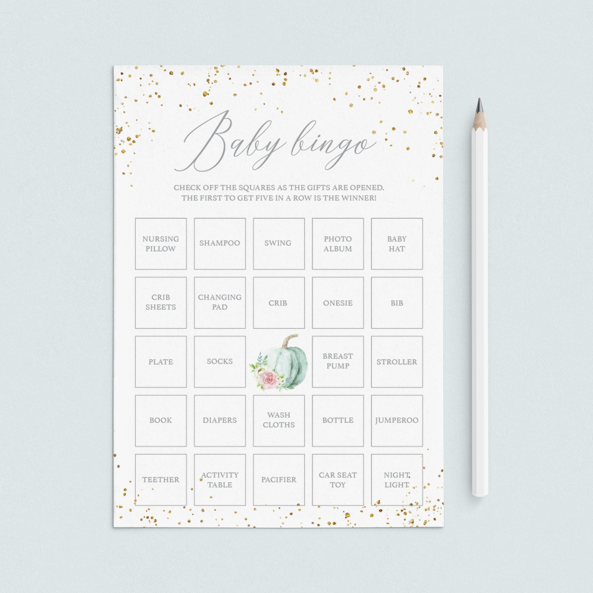 Pumpkin Baby Shower Bingo Cards Prefilled, Blank and Template by LittleSizzle