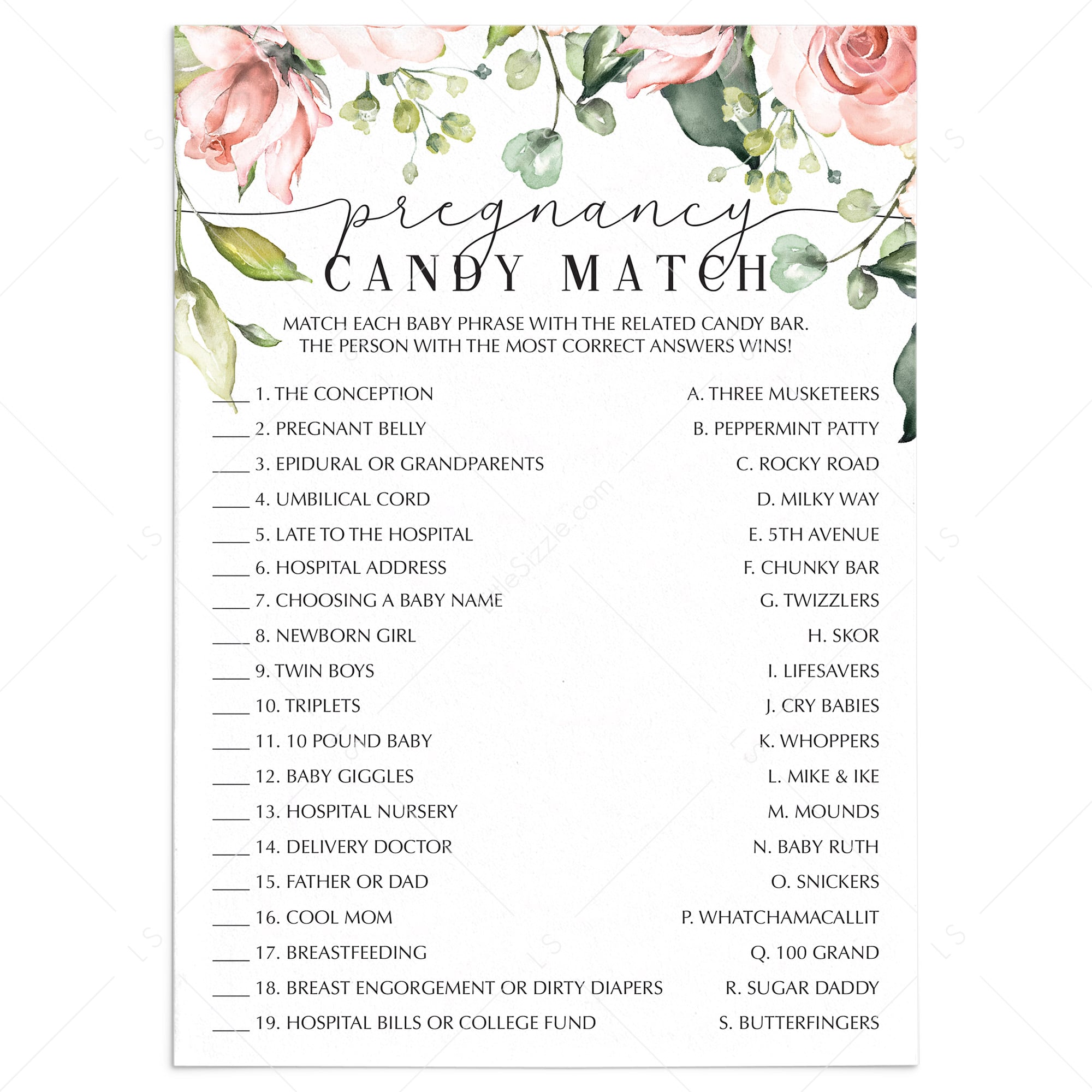 Pregnancy Candy Match Game Printable Floral Themed by LittleSizzle