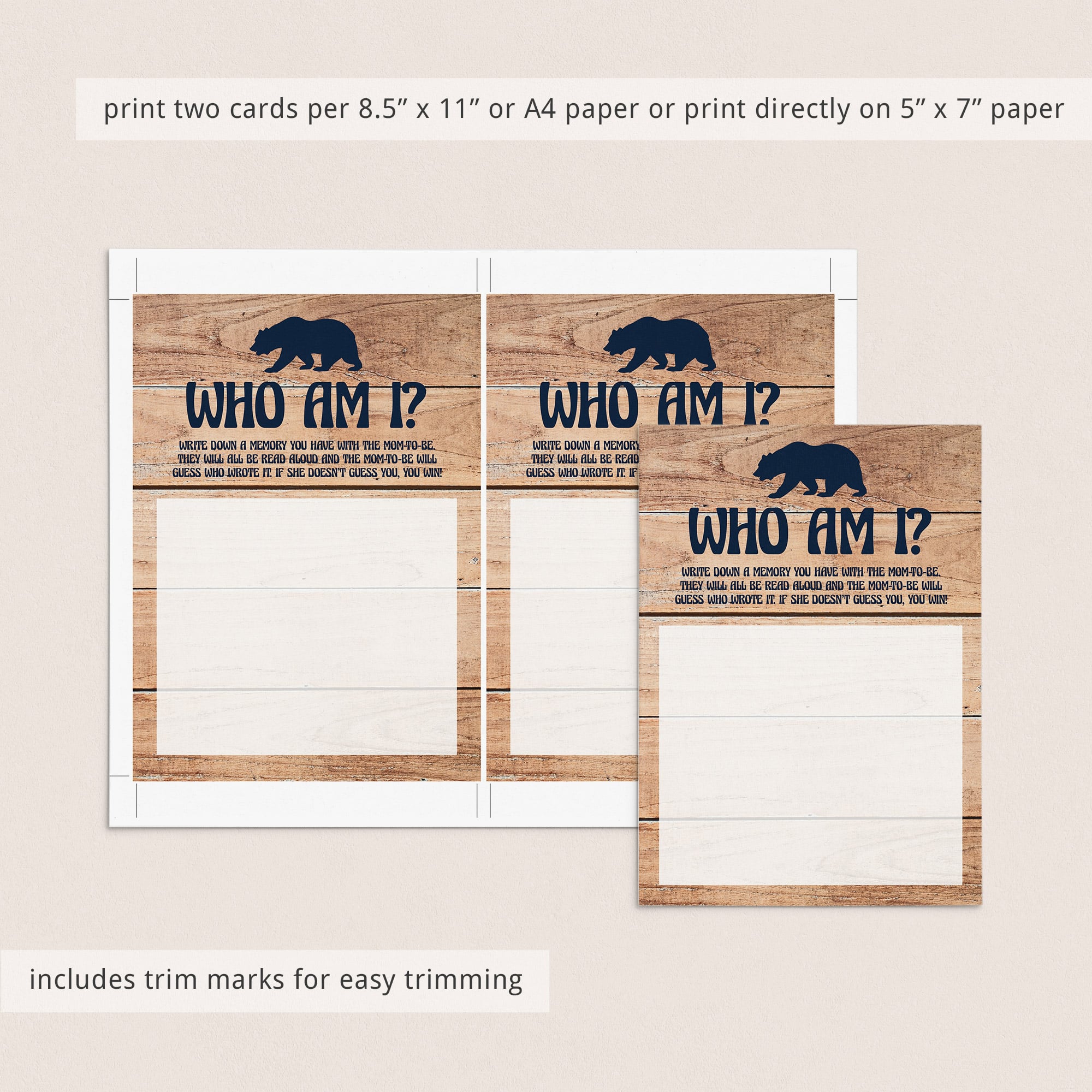 Woodsy baby shower games printable Who am I by LittleSizzle
