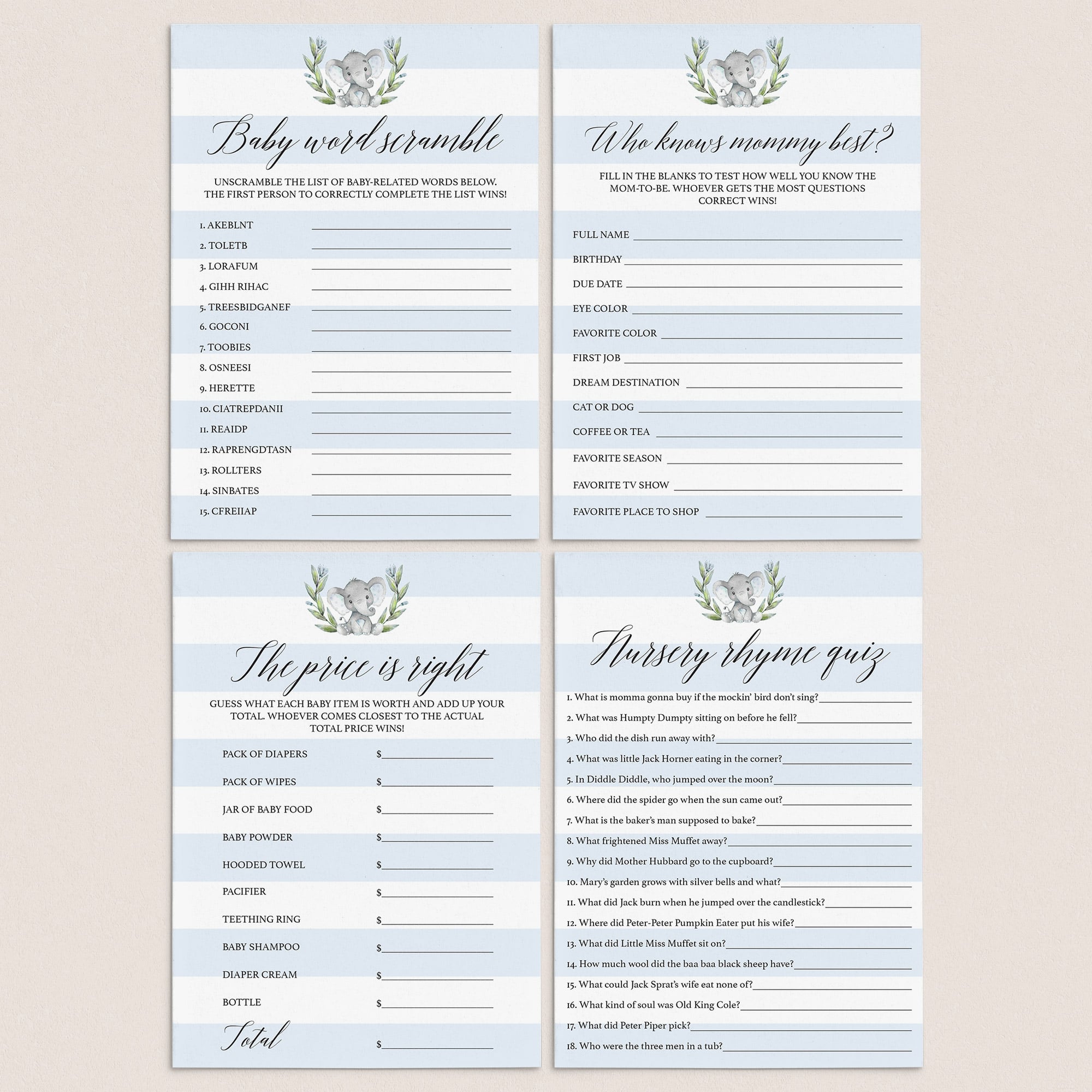 Boy Baby Shower Games for elephant themed baby shower by LittleSizzle