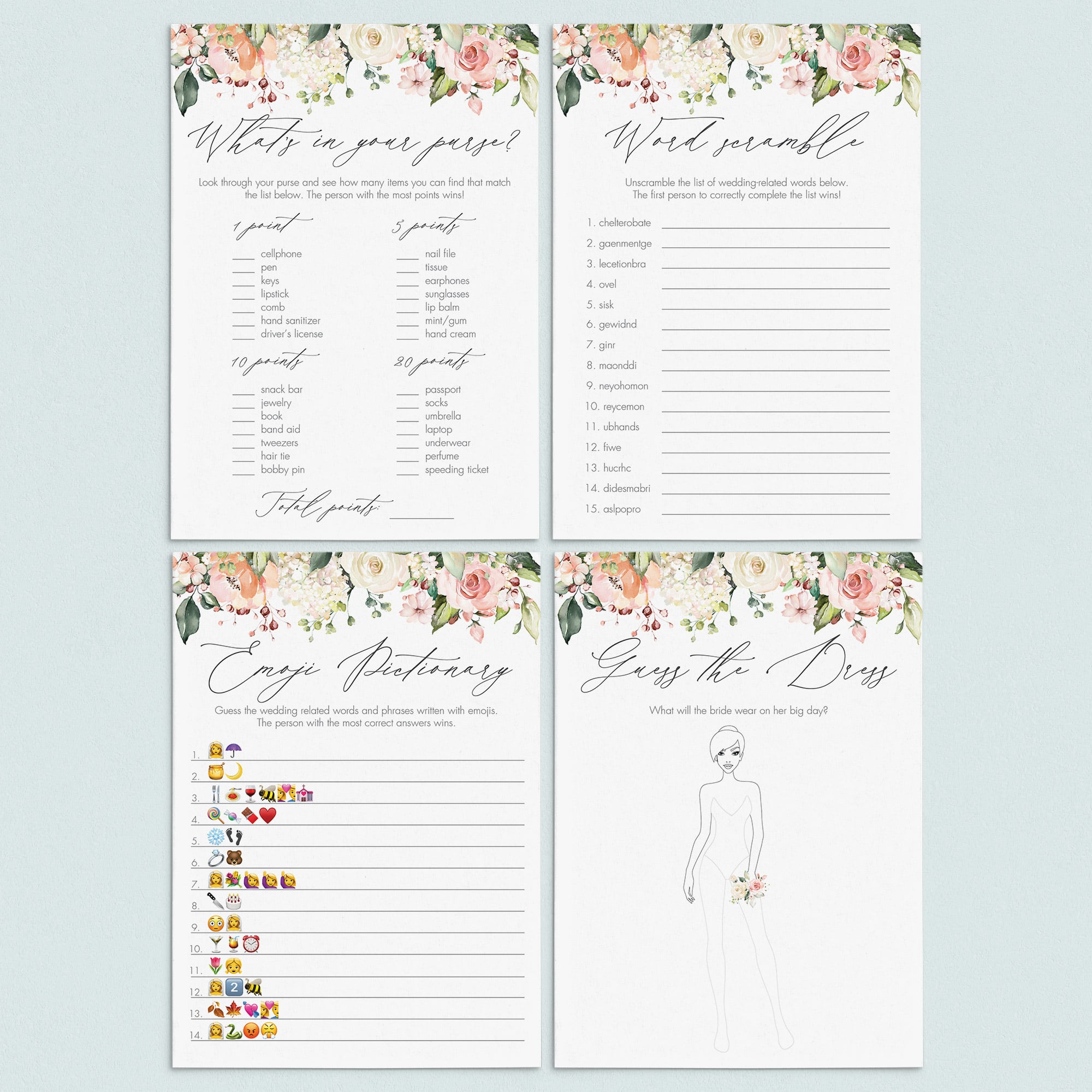 printable floral bridal shower games set by LittleSizzle