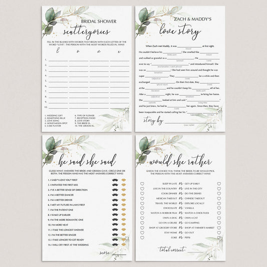 Greenery bridal shower printable games pack by LittleSizzle