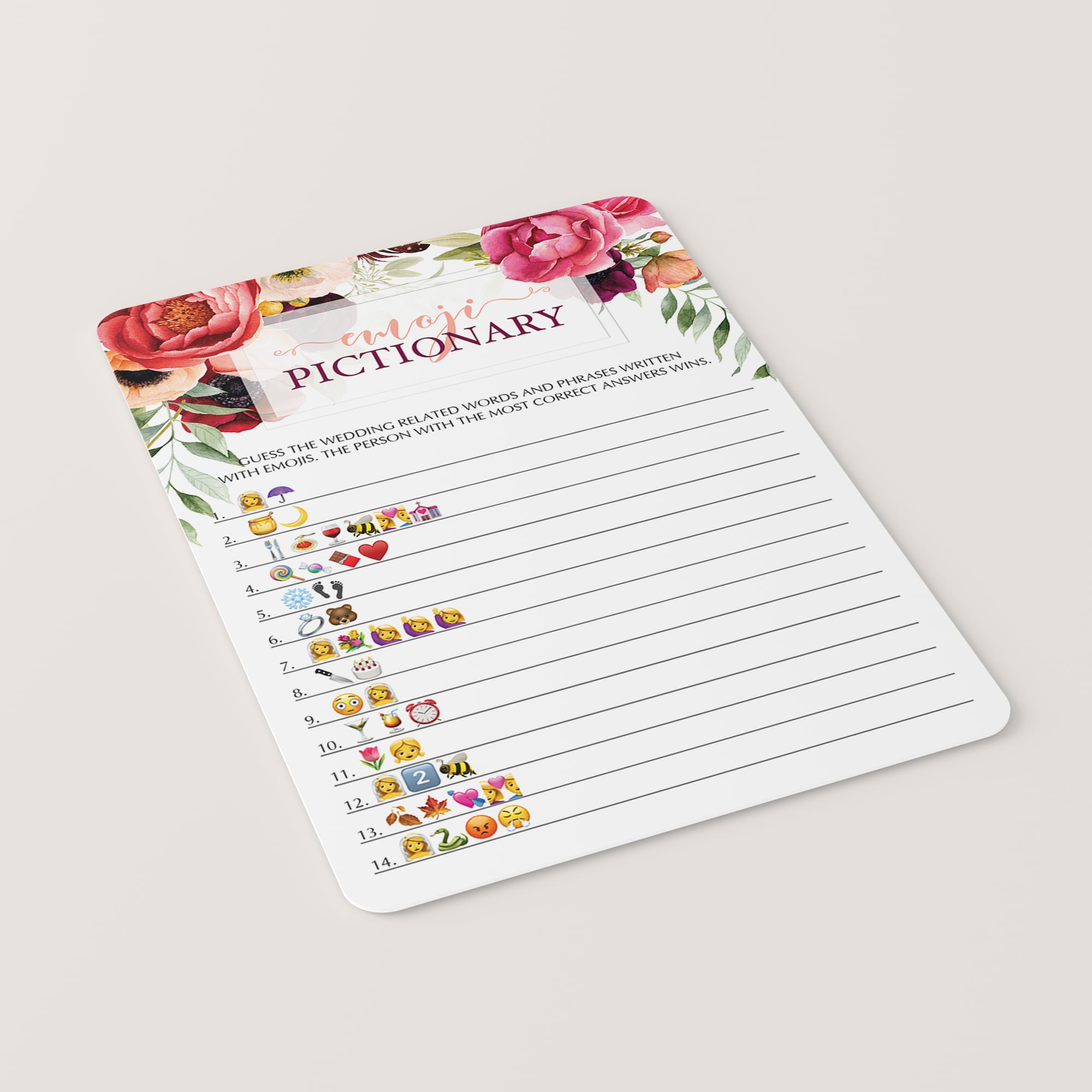 floral bridal shower pictionary game cards