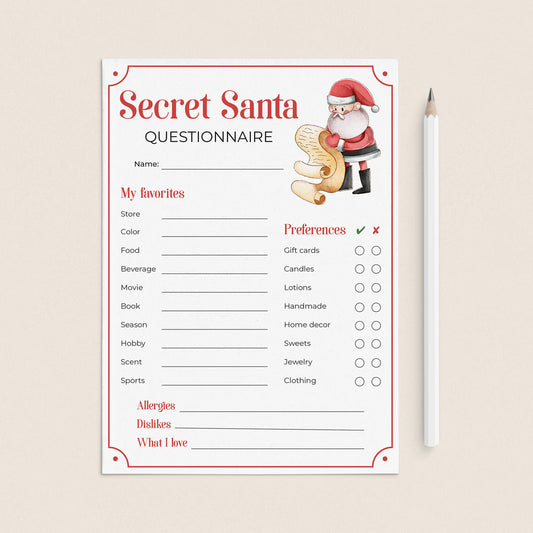 Secret Santa Questionnaire for Gift Exchange Printable by LittleSizzle