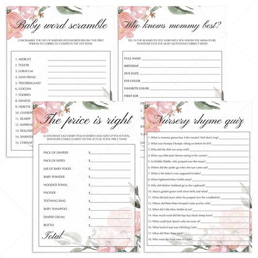 Whimsical Flowers Baby Shower Games Package