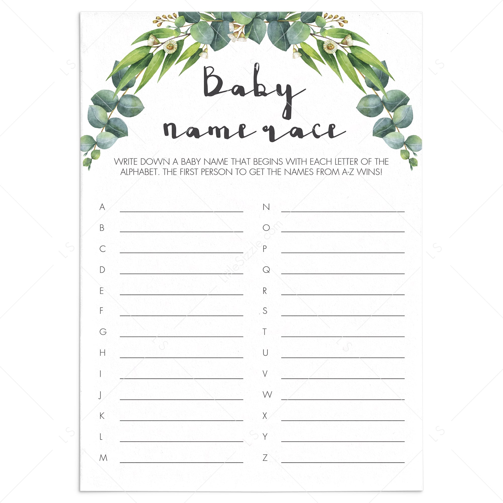 Green Leaves Baby Name Race game for neutral baby shower by LittleSizzle