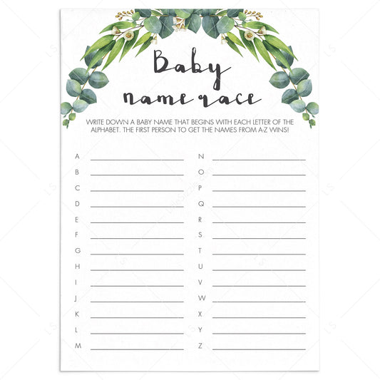 Green Leaves Baby Name Race game for neutral baby shower by LittleSizzle