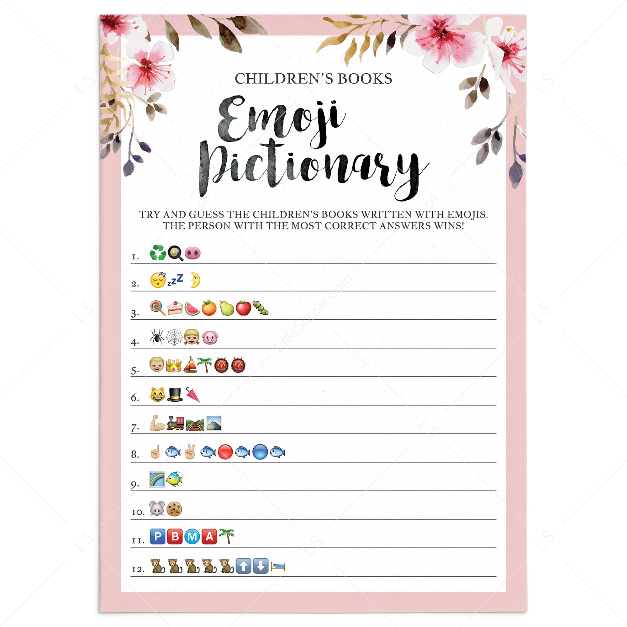 Emoji pictionary printable for girl baby shower by LittleSizzle