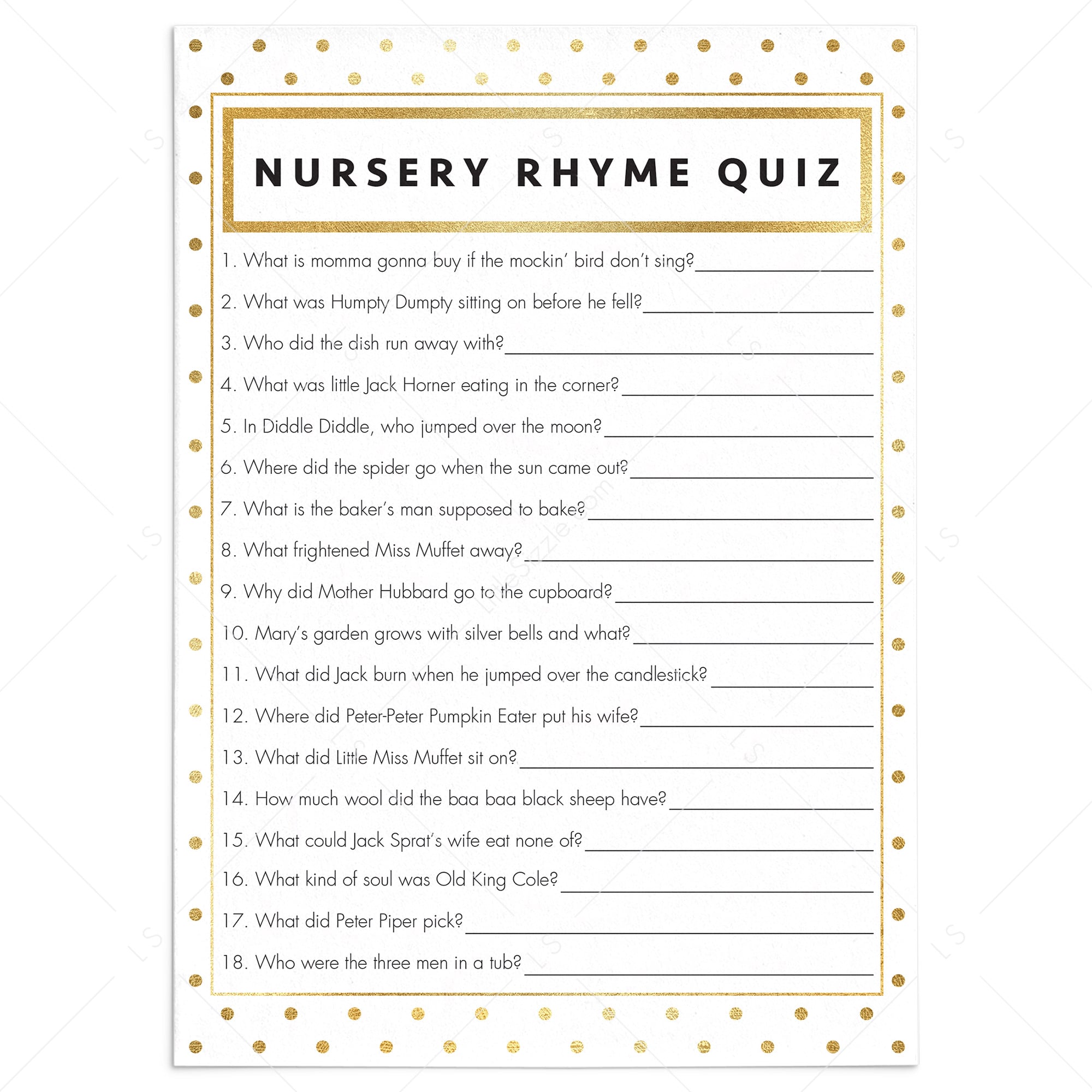 Gold Polka Dots Nursery Rhyme Shower game printable by LittleSizzle