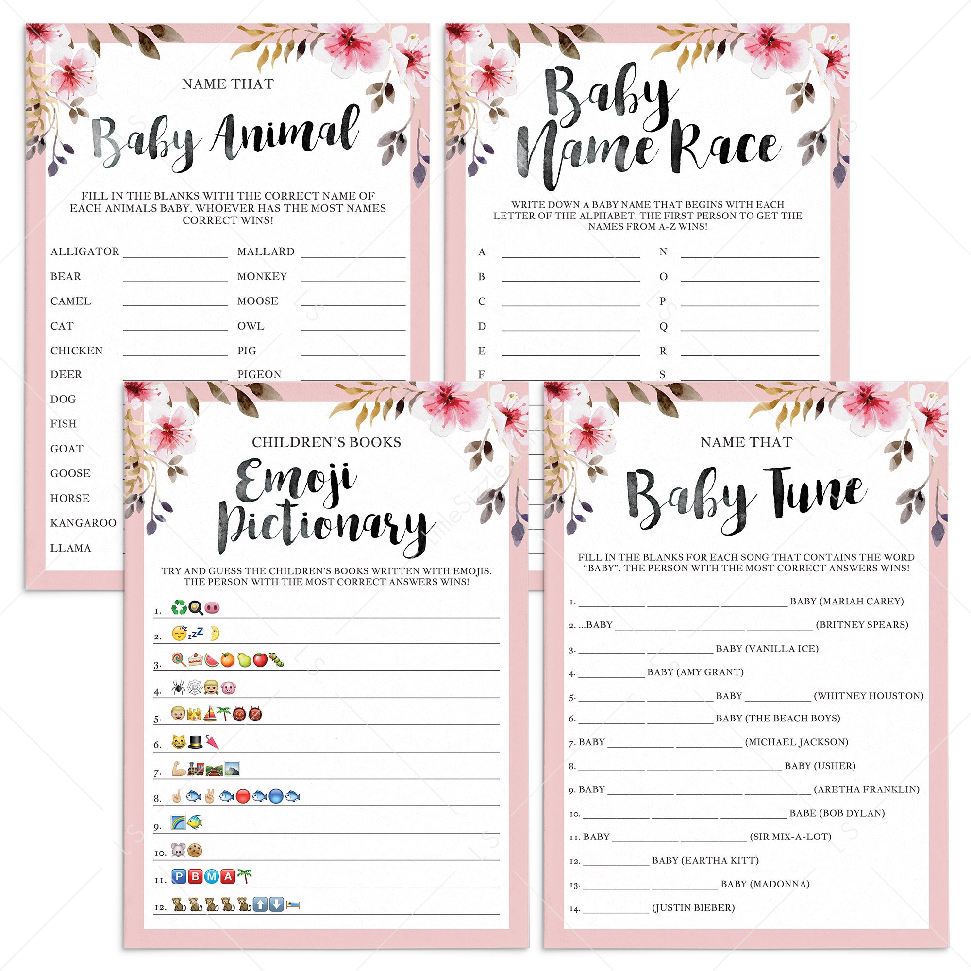 Pink flowers baby shower game package by LittleSizzle