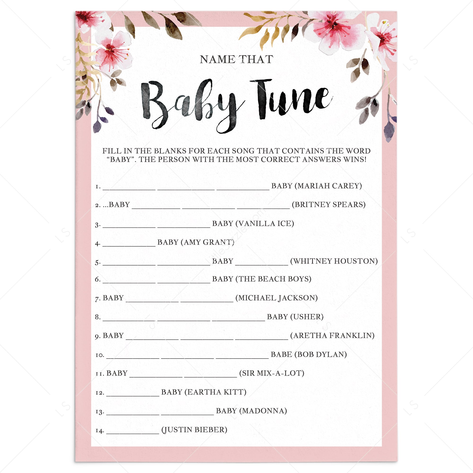 Name that tune baby shower game with pink flowers by LittleSizzle