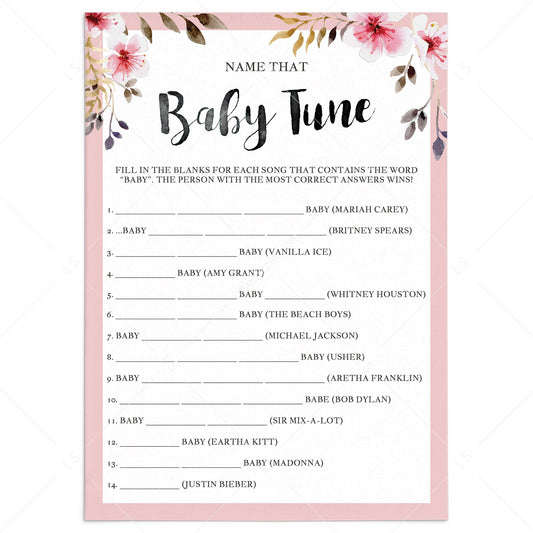 Name that tune baby shower game with pink flowers by LittleSizzle