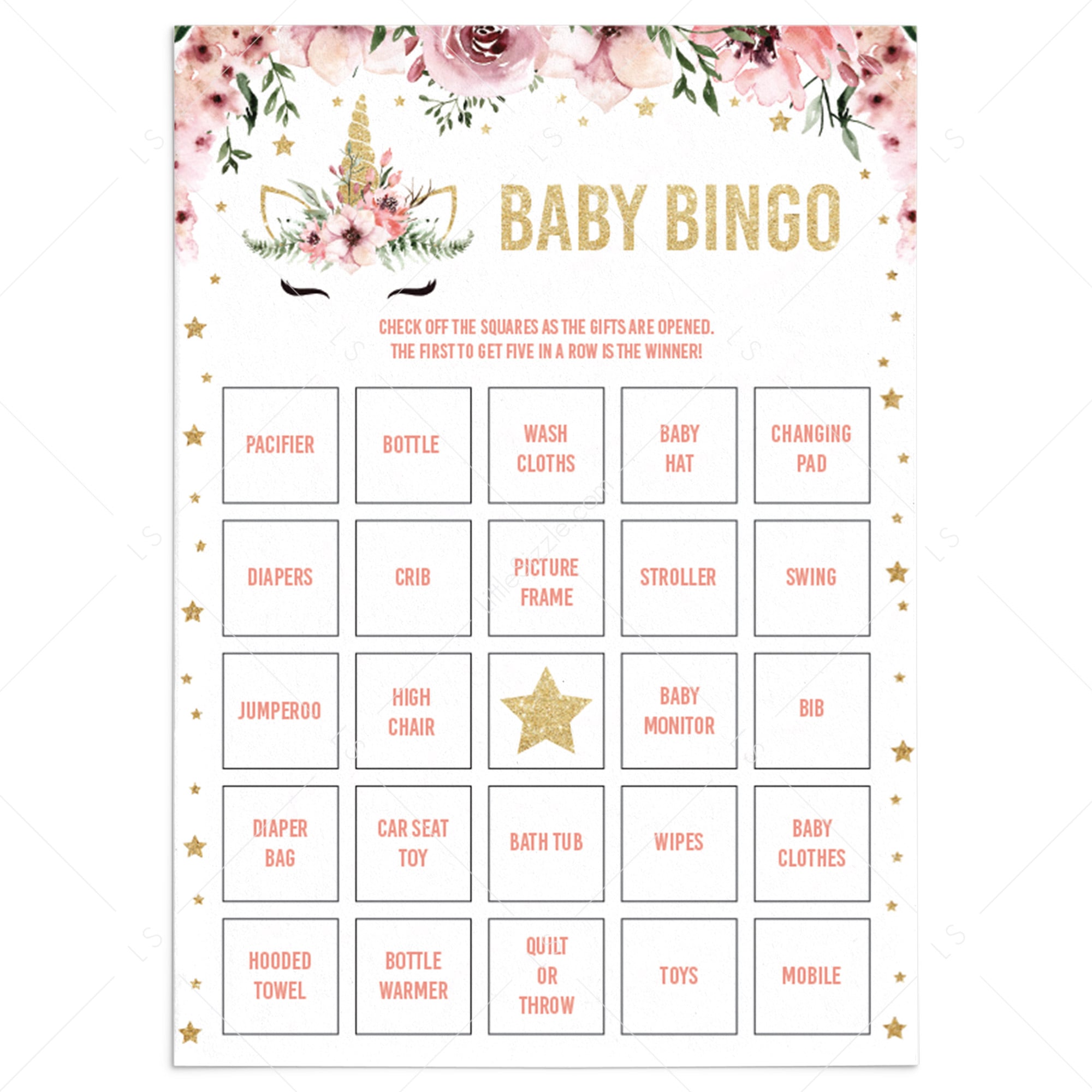 Unicorn baby shower bingo cards printable prefilled by LittleSizzle