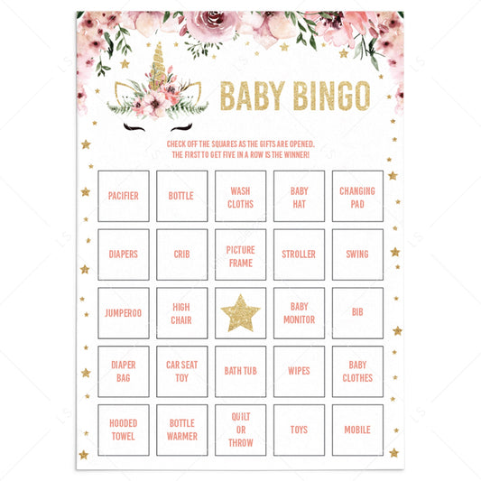 Unicorn baby shower bingo cards printable prefilled by LittleSizzle