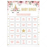 Unicorn baby shower bingo cards printable prefilled by LittleSizzle