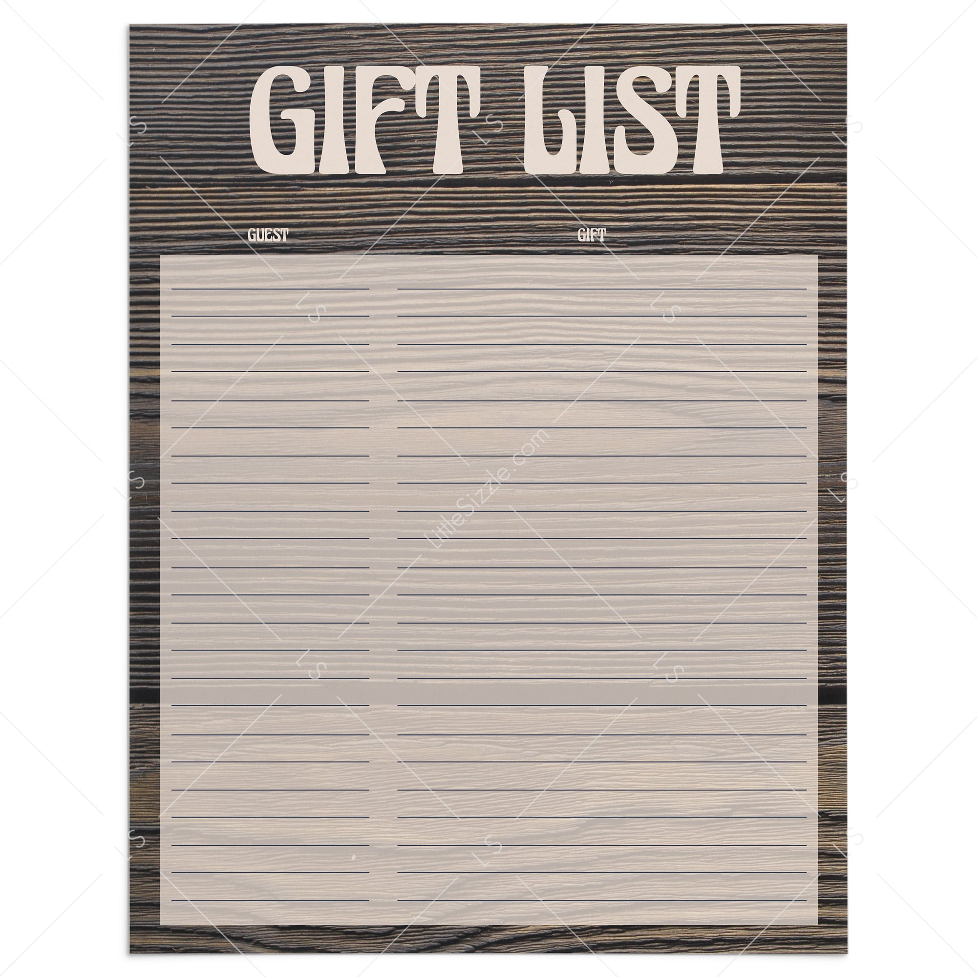 Printable dark wood gift list for rustic party by LittleSizzle