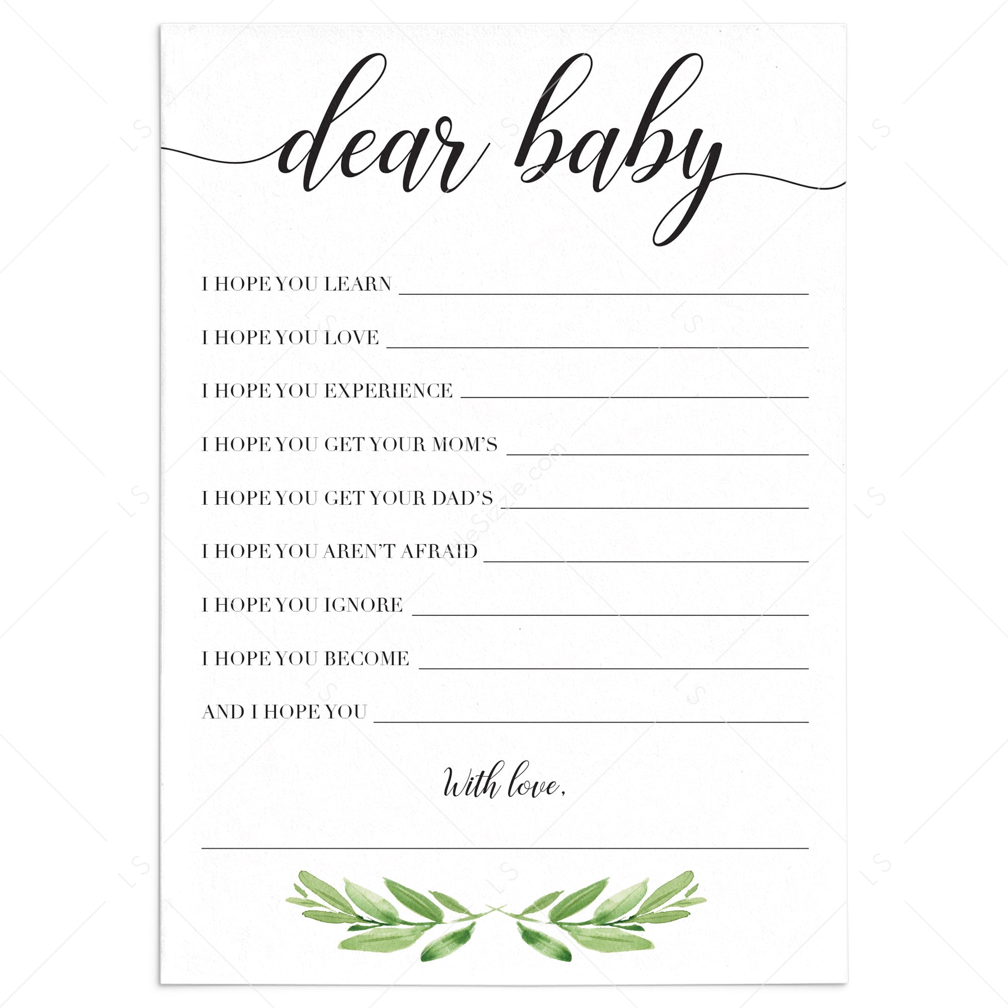 Wishes for Baby Cards for greenery baby shower | Printable & Virtual LittleSizzle