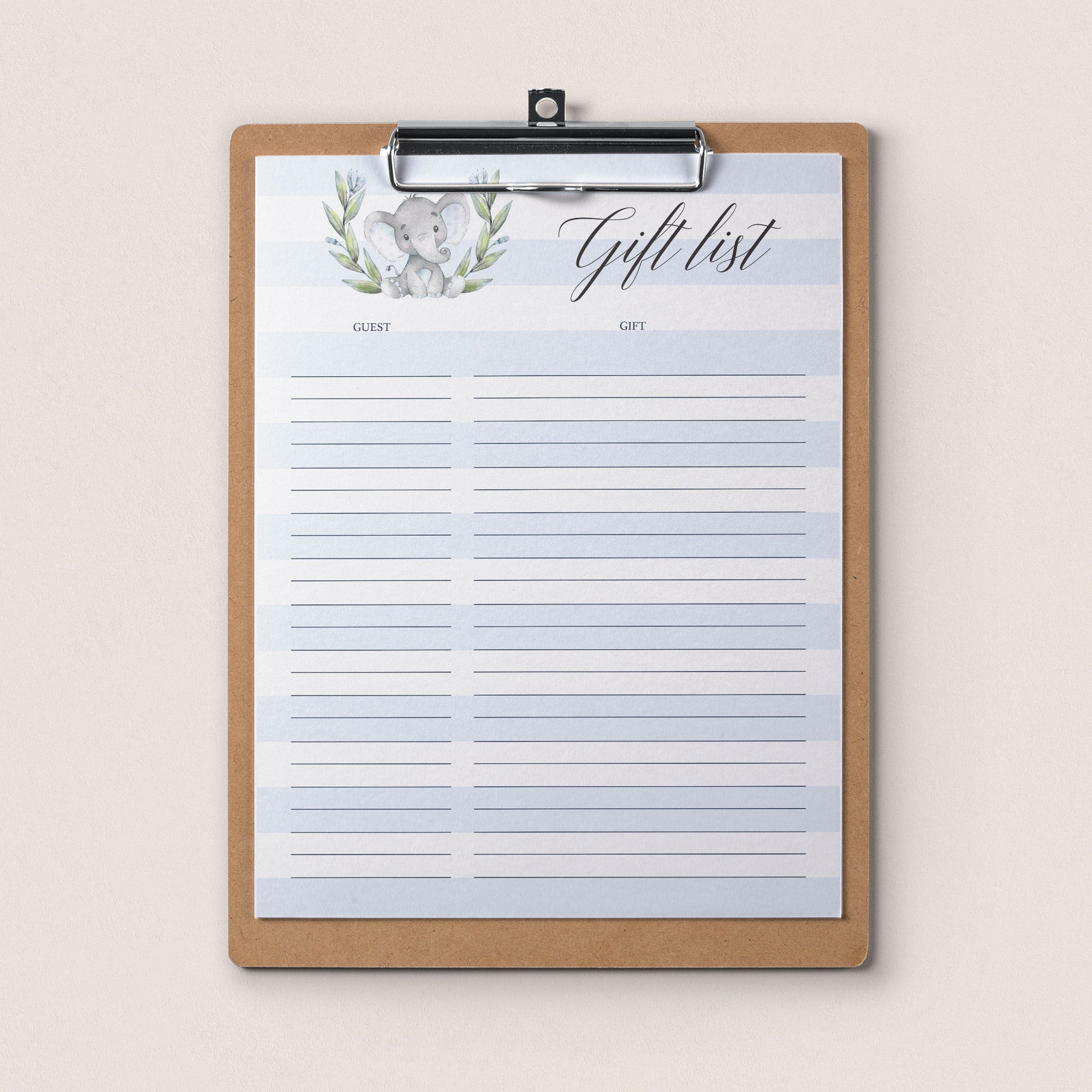 Printable gift list for elephant themed party