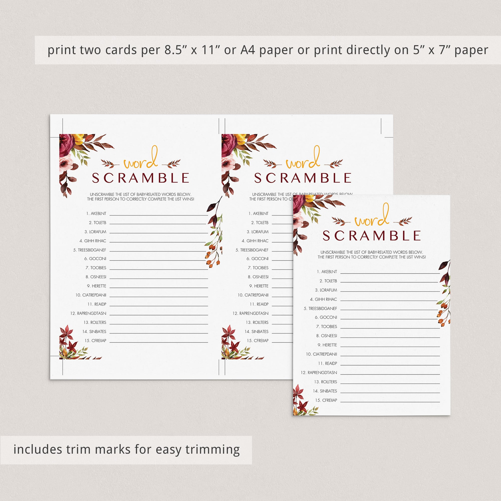 Word scramble baby shower answer key download by LittleSizzle