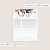 Floral Shower Gift List Printable