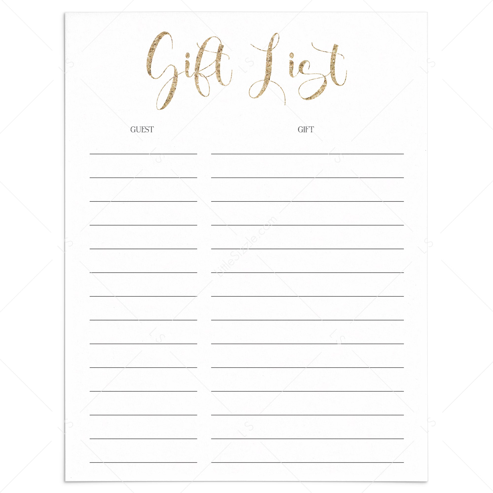 Calligraphy Gold Gift List Instant Download by LittleSizzle
