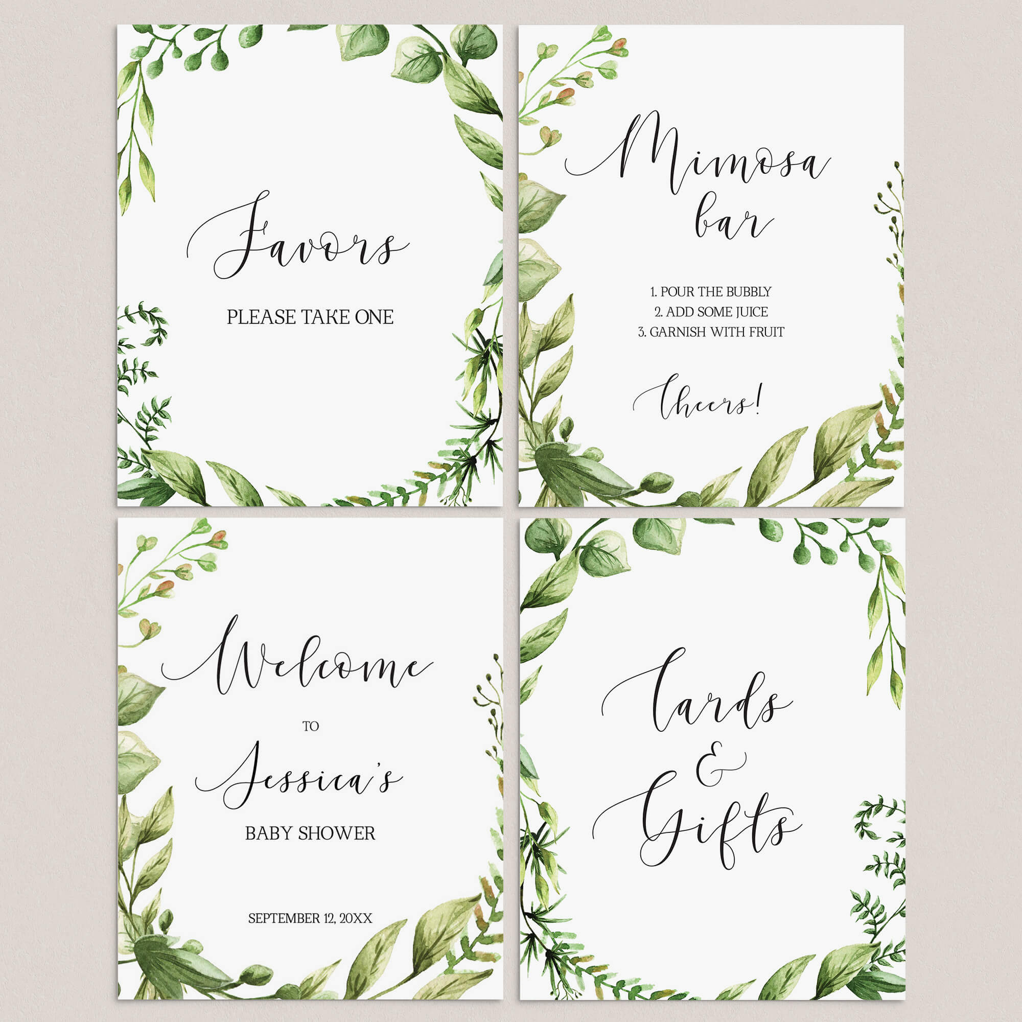 Watercolor Green Leaves Baby Shower Sign Package by LittleSizzle