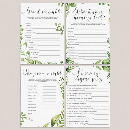 Green leaves baby shower games bundle printable by LittleSizzle