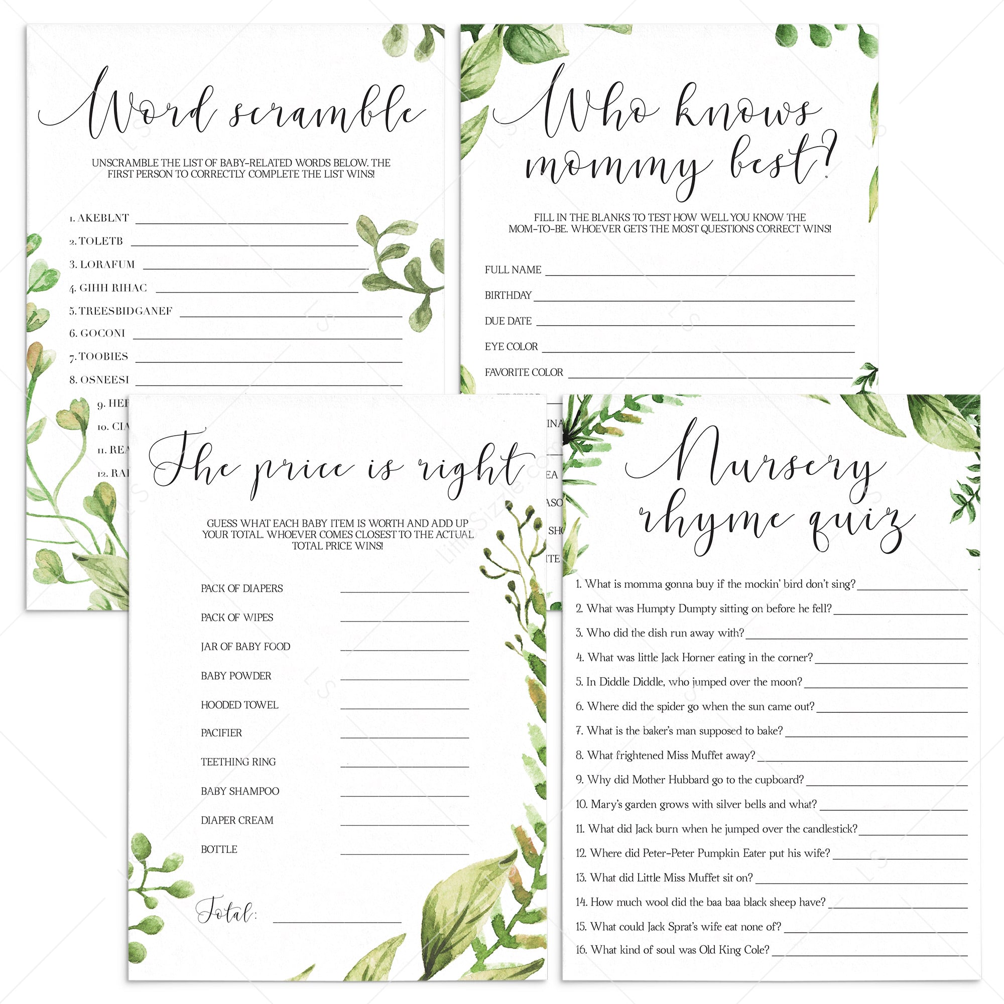 Green leaves baby shower games bundle printable by LittleSizzle