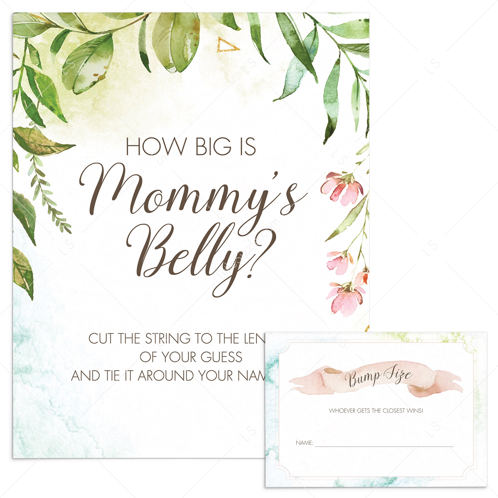 Watercolor garden baby party game how big is mommy's bump by LittleSizzle