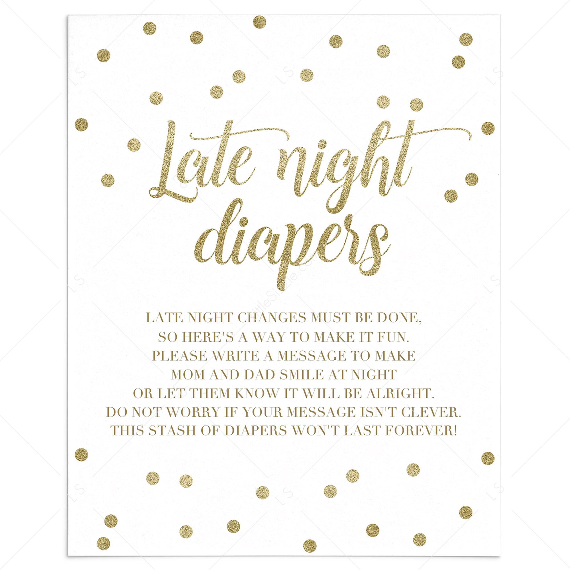 Late night diapers printable for gold themed baby shower by LittleSizzle