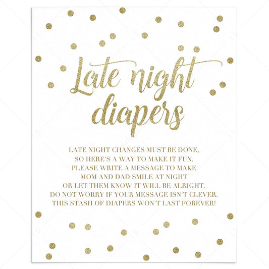 Late night diapers printable for gold themed baby shower by LittleSizzle