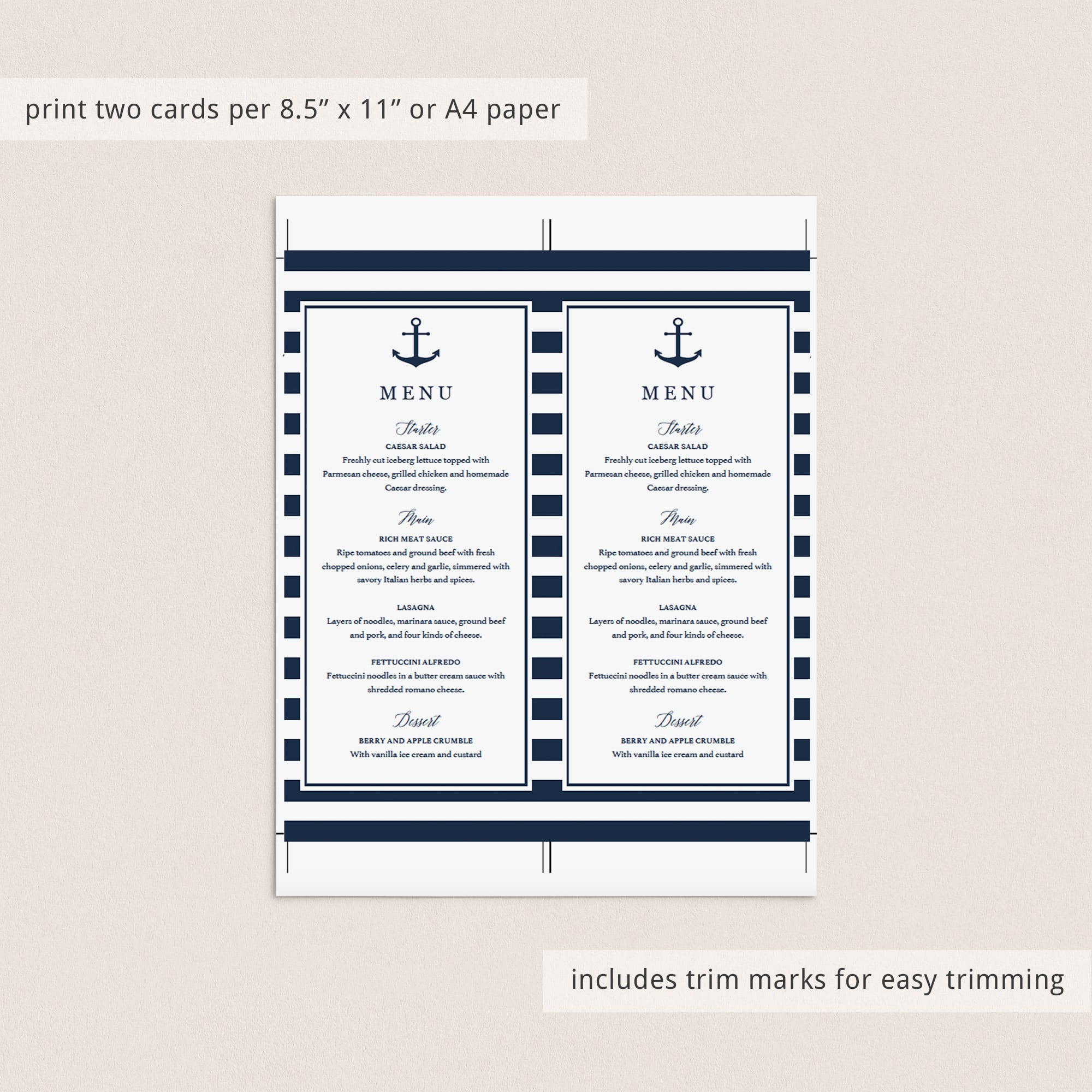 Nautical dinner party menu cards printable by LittleSizzle