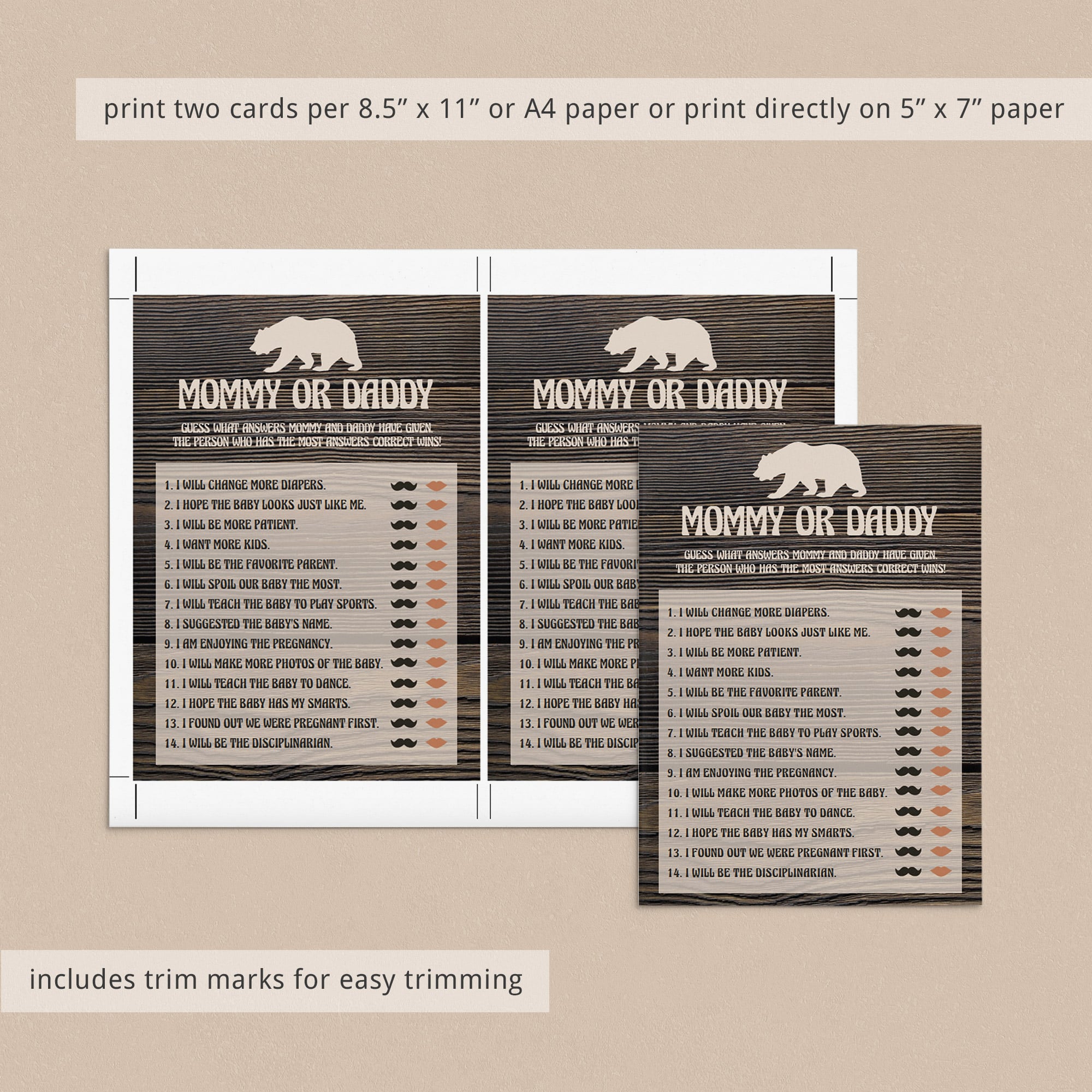 Daddy quiz for woodland theme baby shower party printable game by LittleSizzle