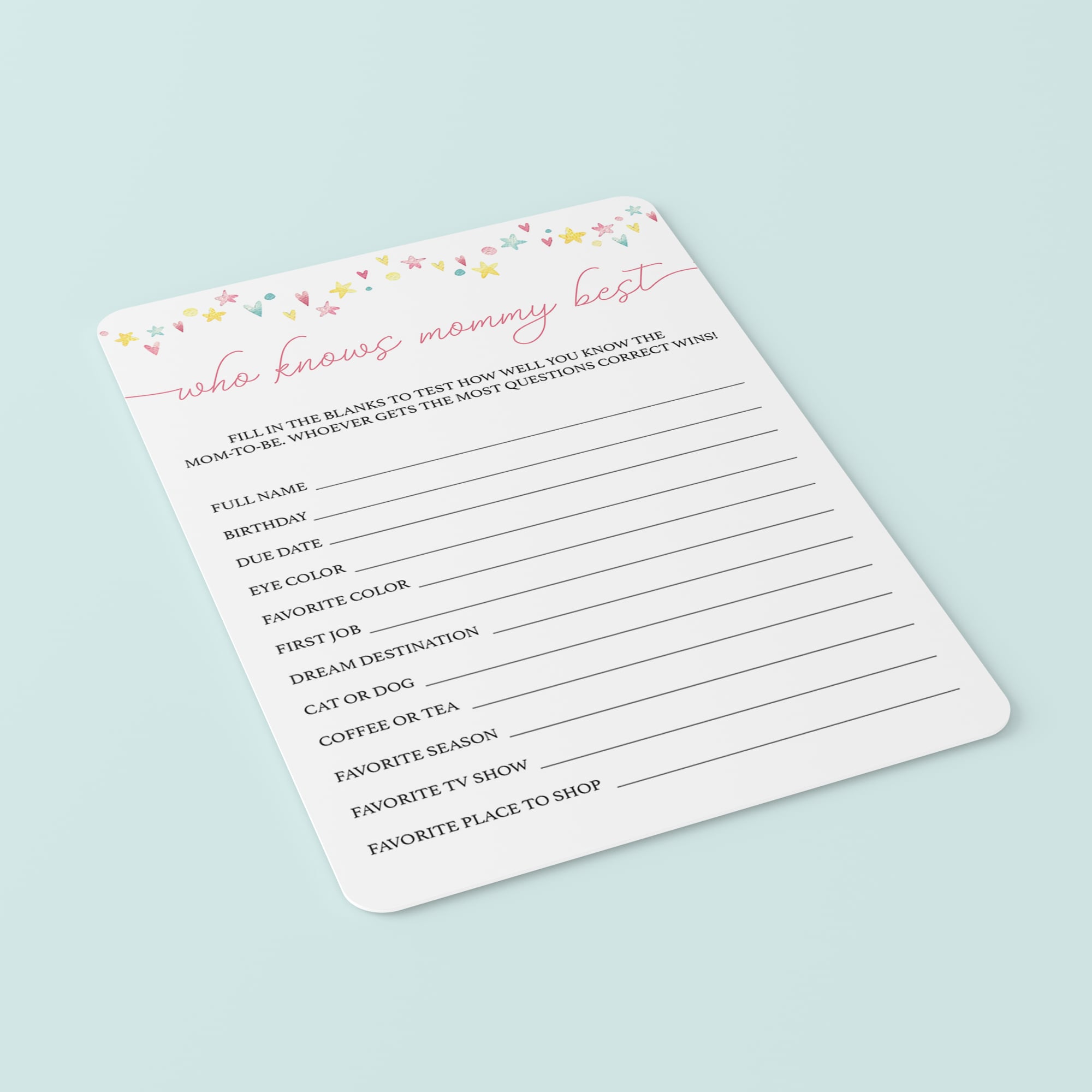 Printable who knows mommy game cards pink and yellow by LittleSizzle