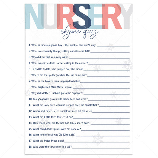 Printable nursery rhyme quiz for winter baby shower by LittleSizzle