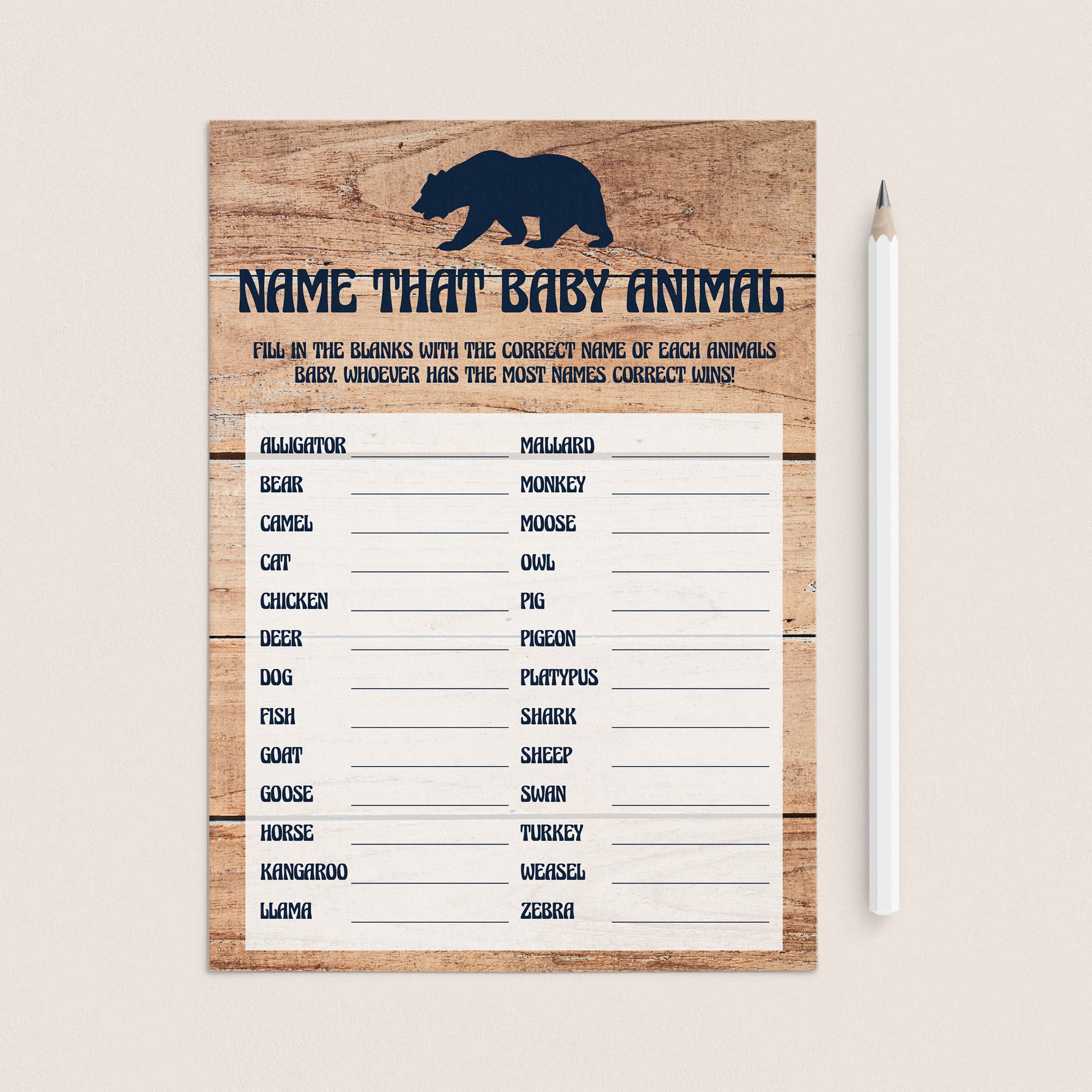 Name that baby animal game for rustic baby shower printable by LittleSizzle