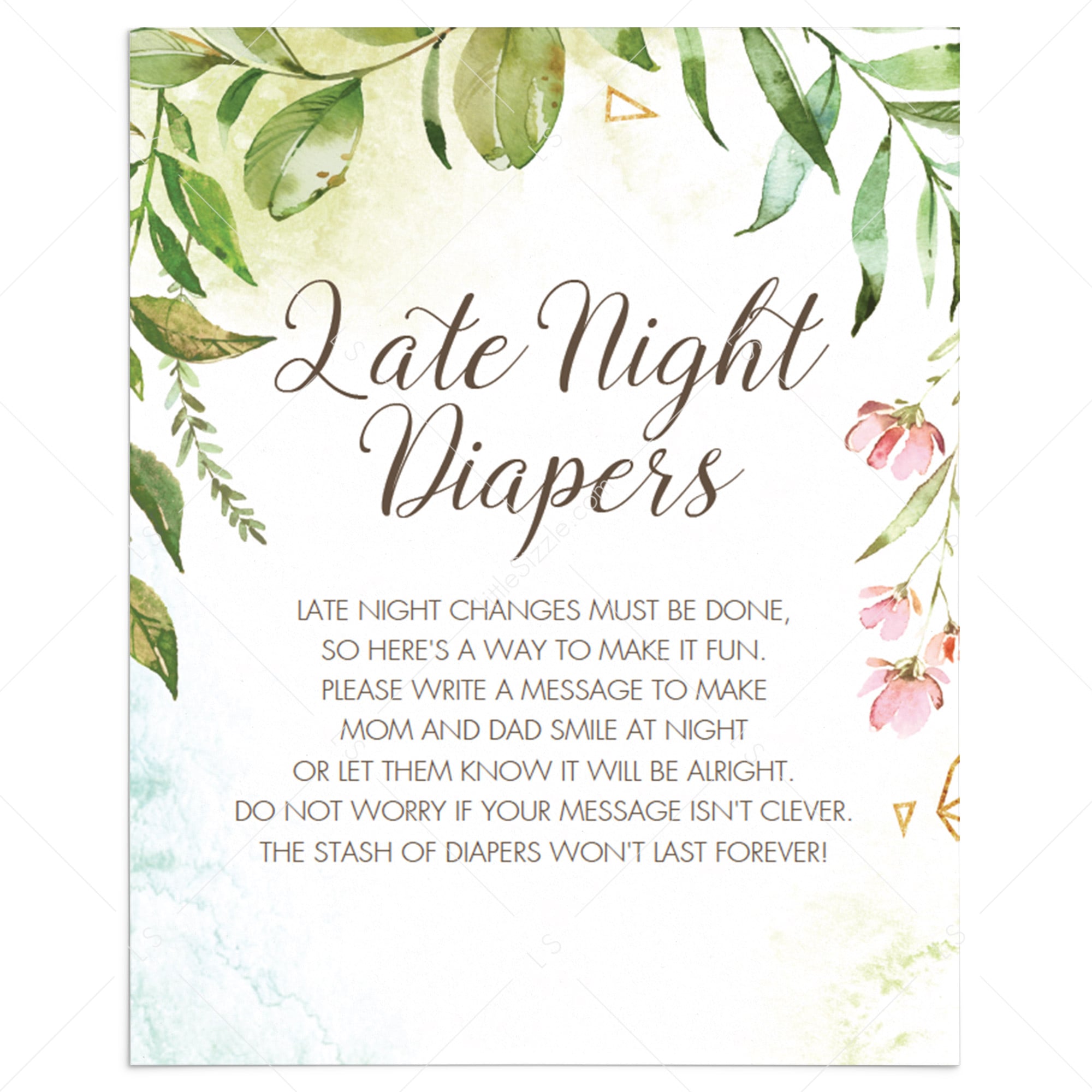 Watercolor green and pink baby shower activity late night diapers by LittleSizzle
