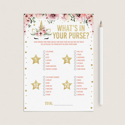Pink and gold babyshower game what's in your purse hunt by LittleSizzle